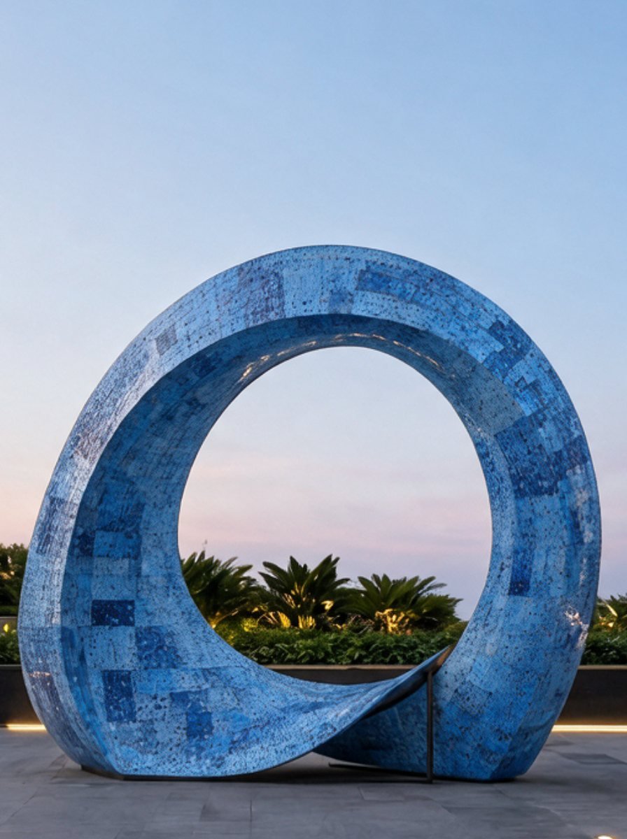 Large blue mosaic ring sculpture made from recycled plastic, outdoors at dusk