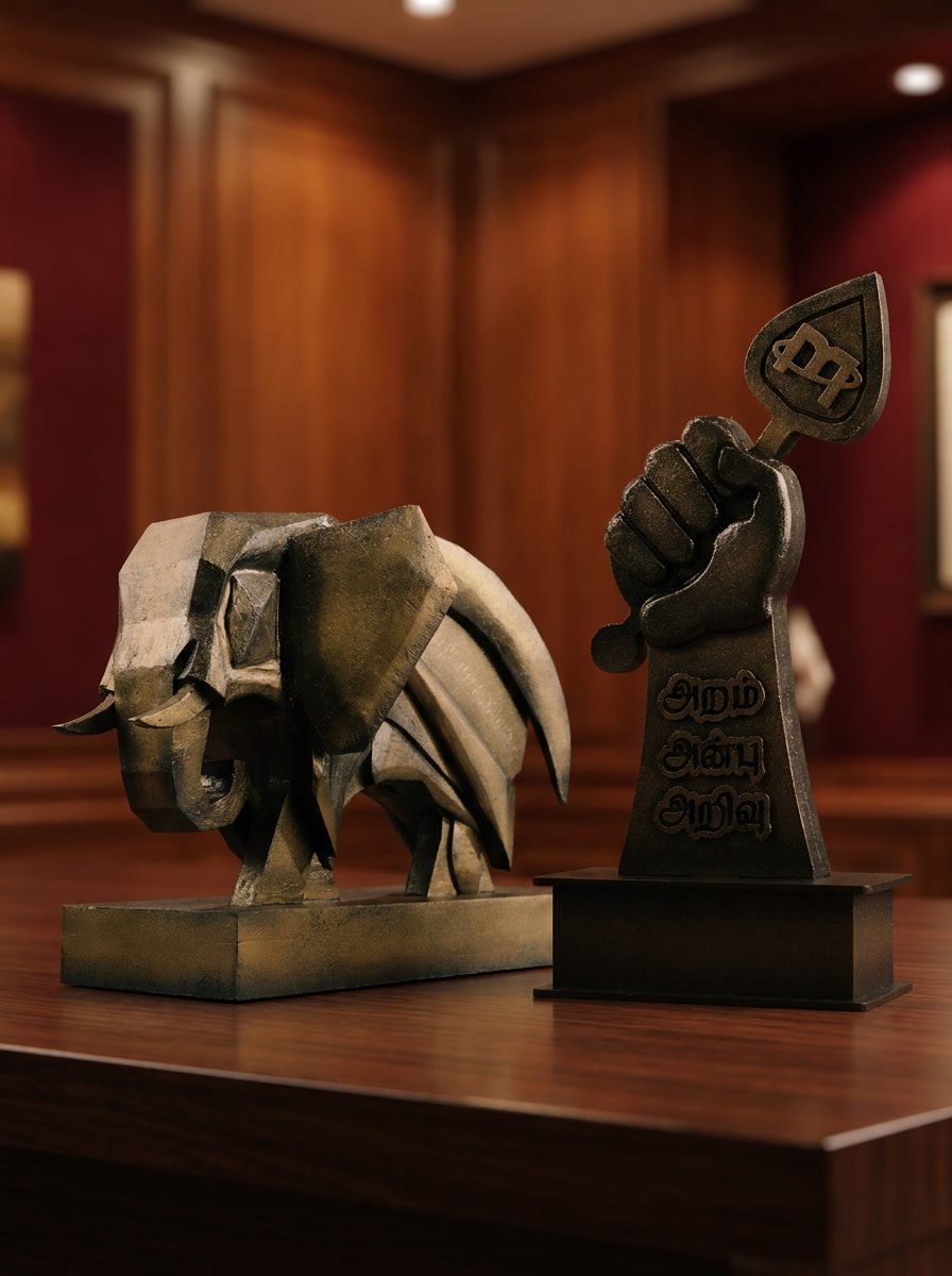 Two cast recycled-plastic awards - an elephant and a raised fist - on a boardroom table