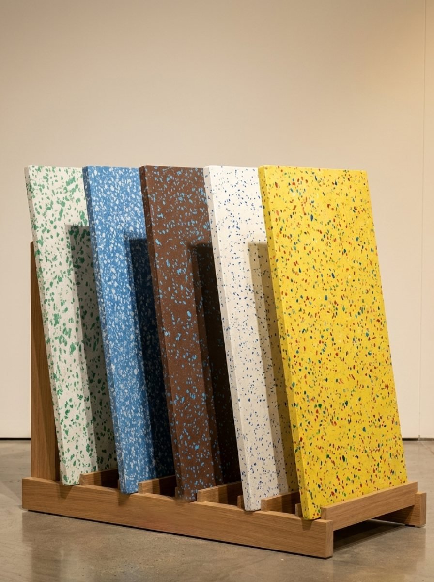 Recycled-plastic architectural panels in five speckled colourways on a timber rack